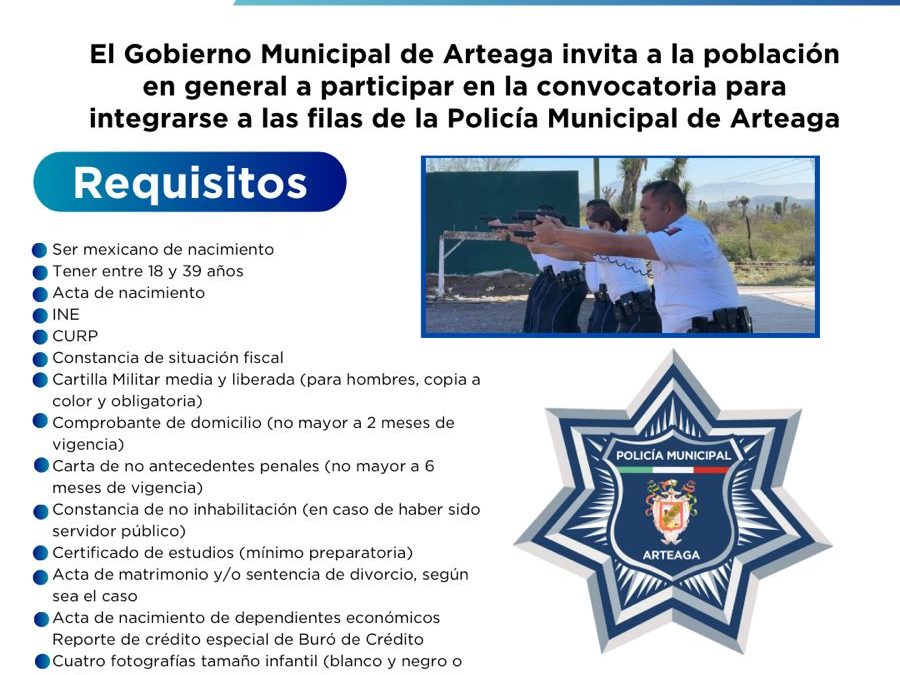 Convocatoria abierta para unirse a la Policía Municipal de Arteaga