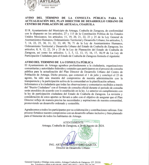 La consulta pública para el Plan Director de Desarrollo Urbano concluyó este 23 de Agosto del 2024